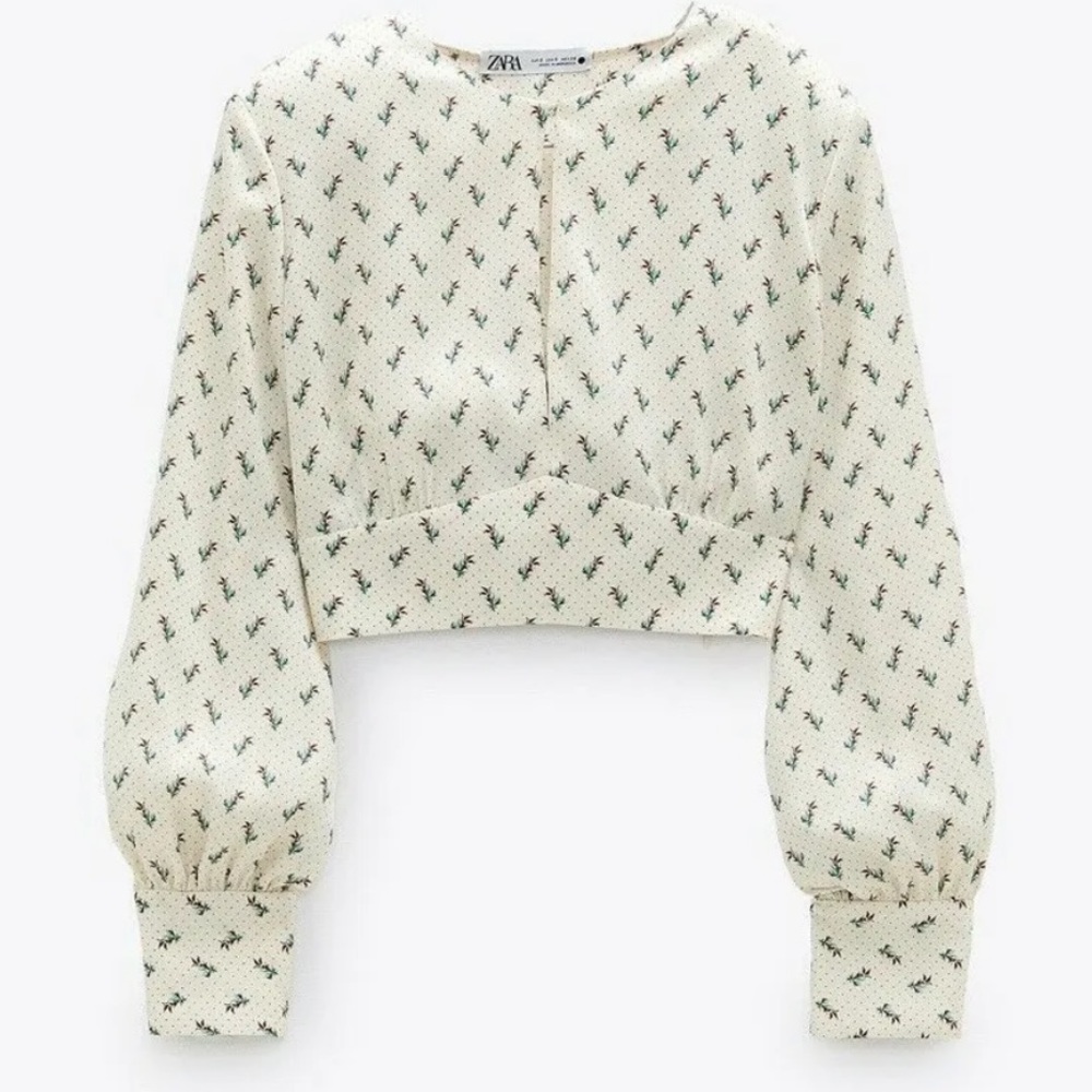 Zara Satin Blouse Women’s XL Vintage Floral Print Cropped Long Sleeve Cream